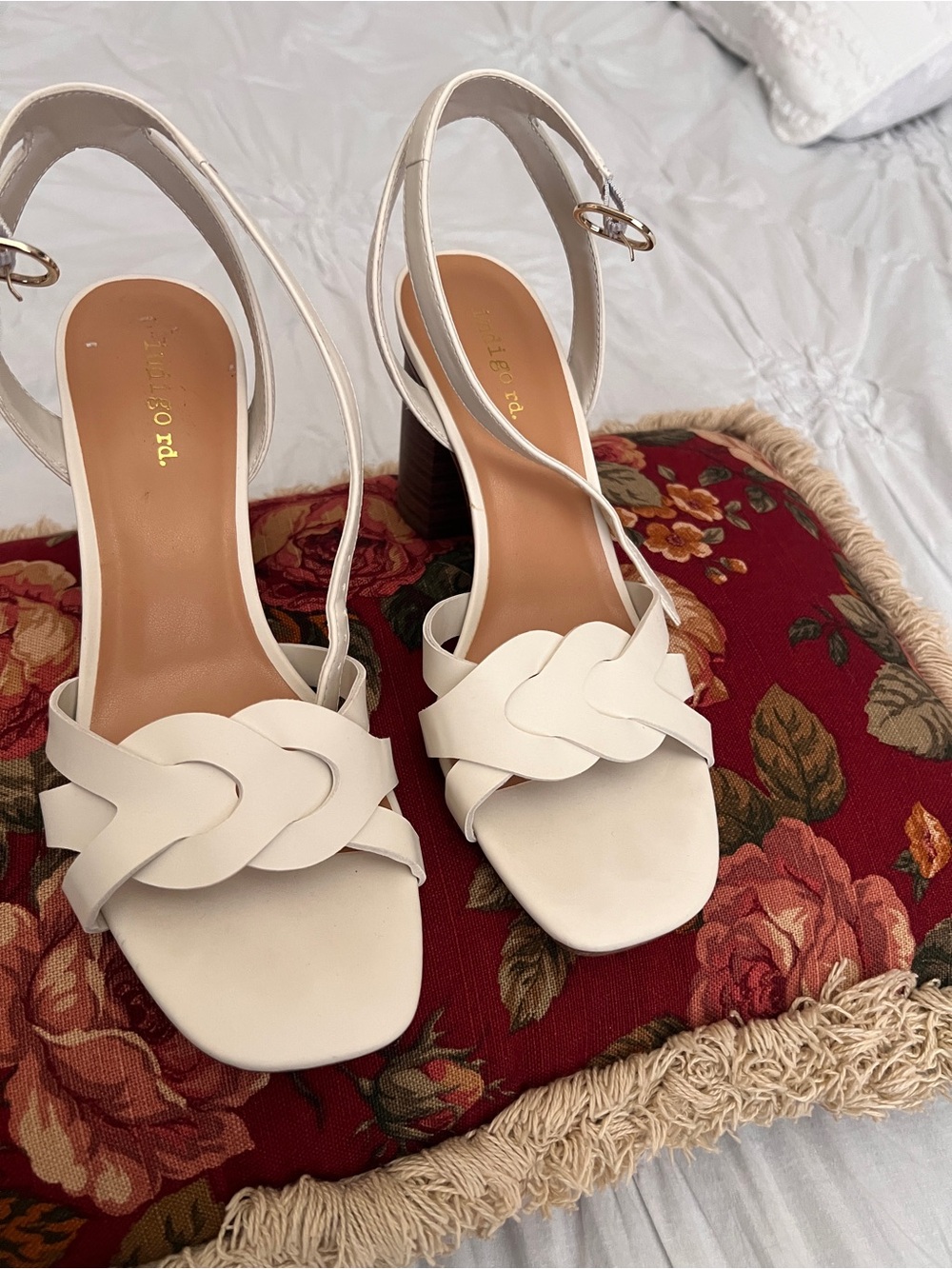 Indigo White Braided Strap Block Heel Sandals